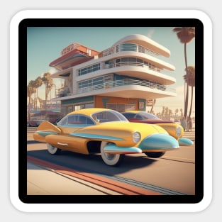 A Retro-Futuristic image of a Califonia Beach City Sticker